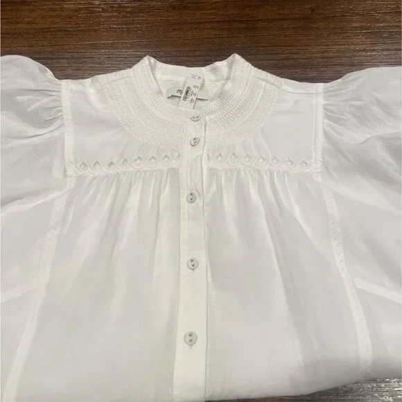 NWT Madewell Women's Sz 4 Puff-Sleeve Band-Collar Shirt White Sheer Voile NW062 - Picture 6 of 14